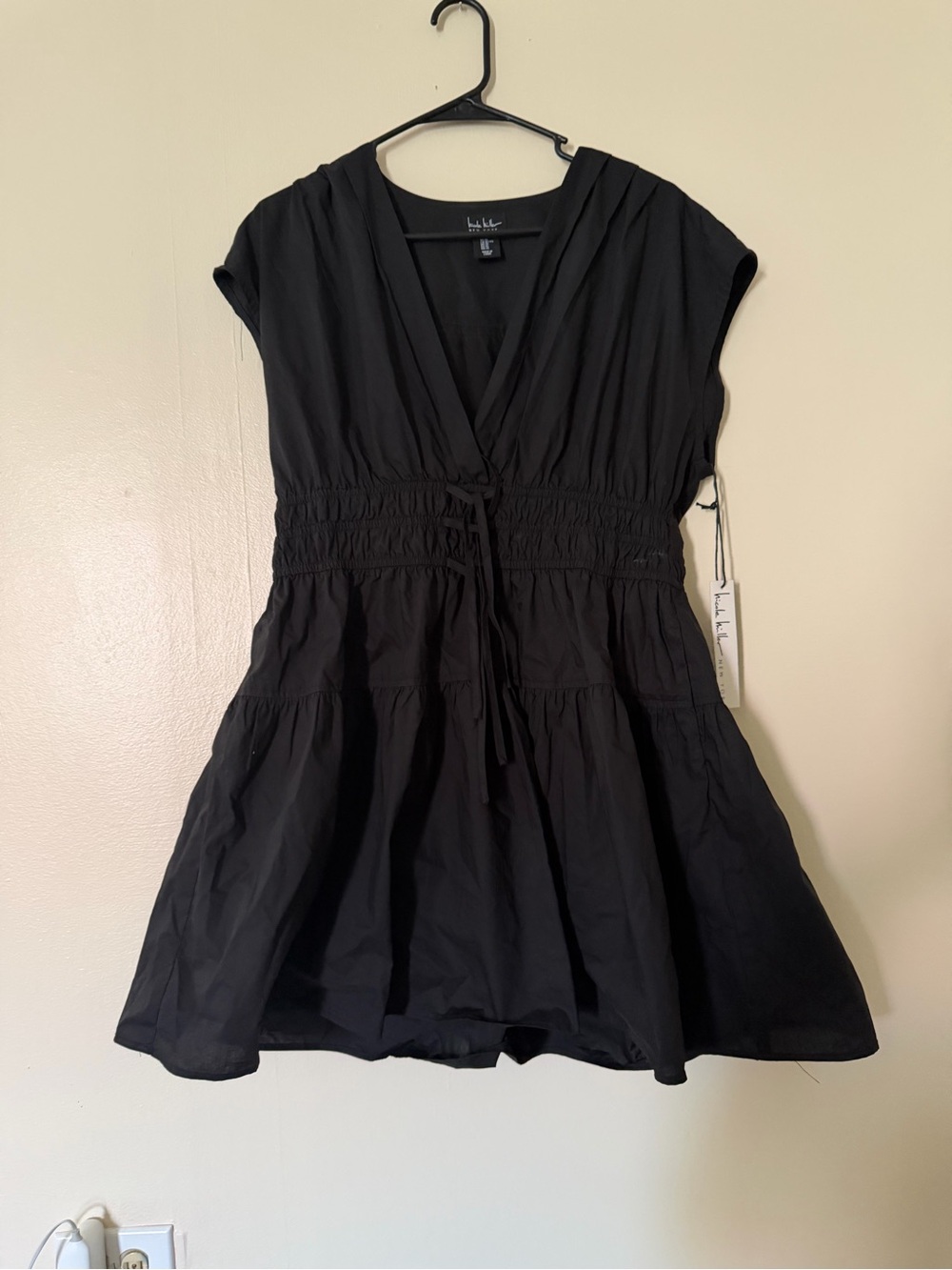 Nicole miller  Black V-Neck Smocked Mini Dress with Tie